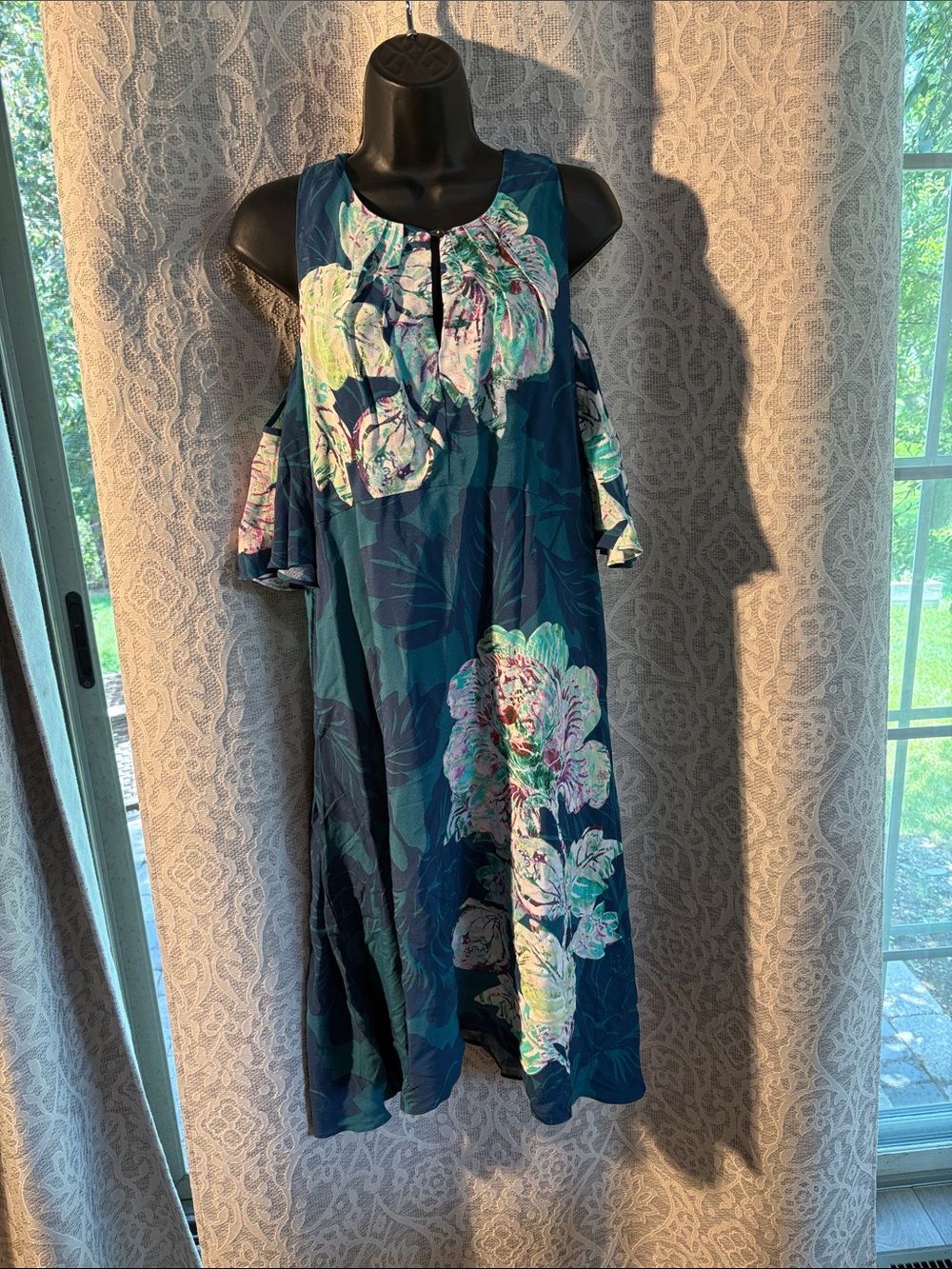 Maeve size 10 Anthropologie Floral Teal Cold-Shoulder Midi Dress - NWT
